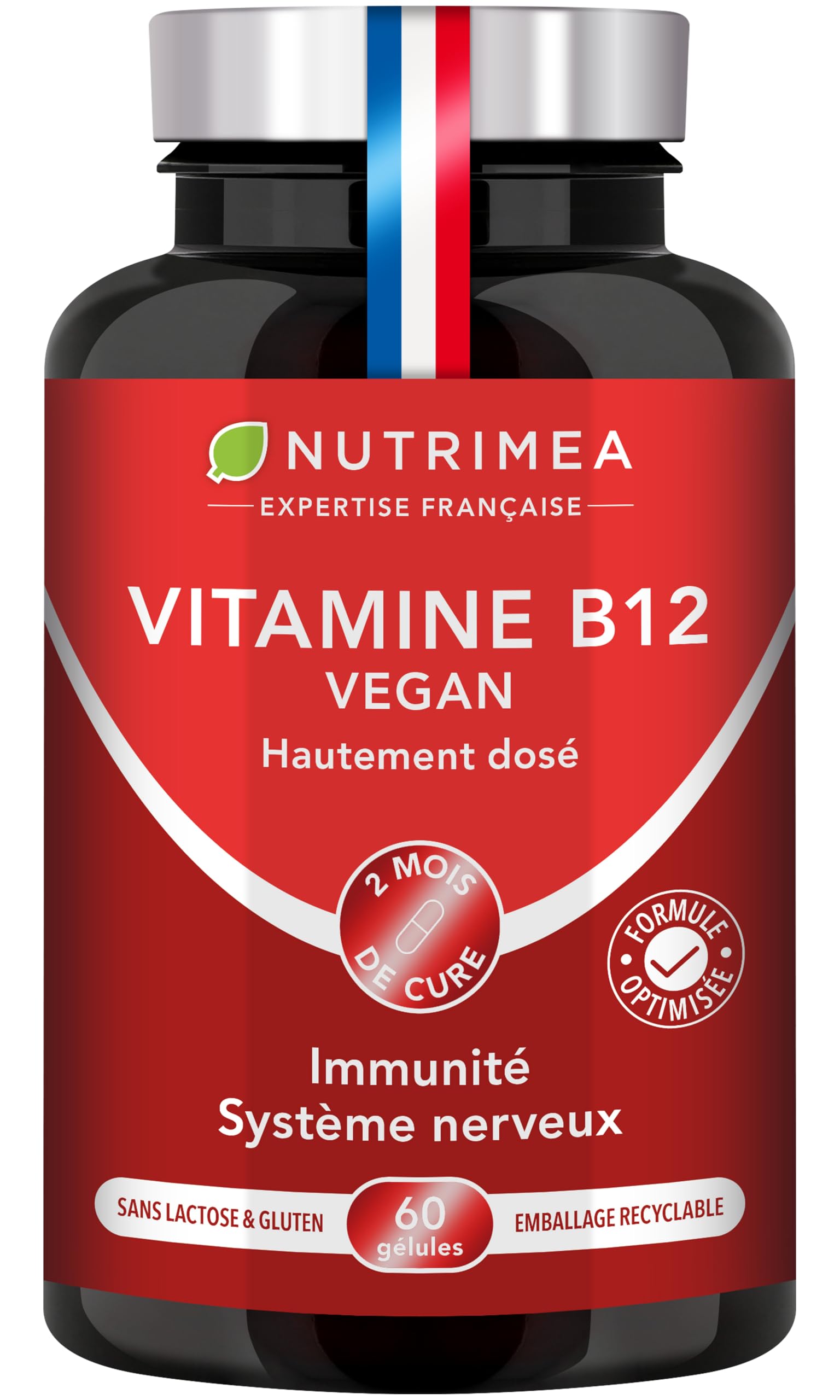 Vitamine B12 Pure - Adapté aux Végétariens et Vegan - 1000 µg de Cyanocobalamine - Fonctions Vitales, Système Nerveux & Immunité - 60 Gélules - Nutrimea - Fabrication Française