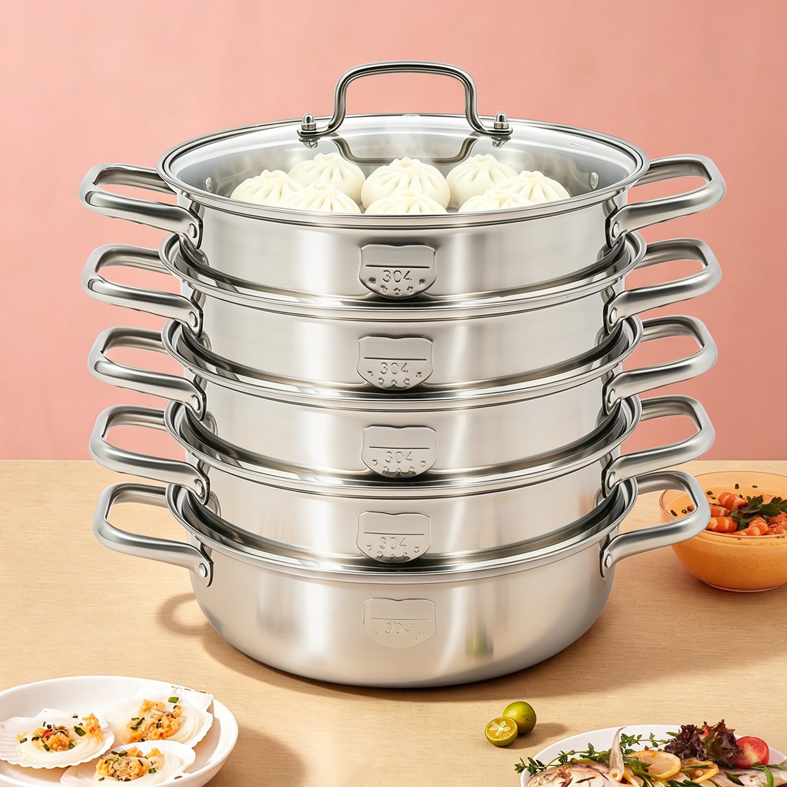 Dampfkochtöpfe mit Deckel - 28cm Edelstahl-Dampfkochtopf, mit 4 Dampfkorb Können 5-Stöckiger Dampfgarer zum Garen von Gemüse, Meeresfrüchten, Suppen, Eintöpfen und Nudeln