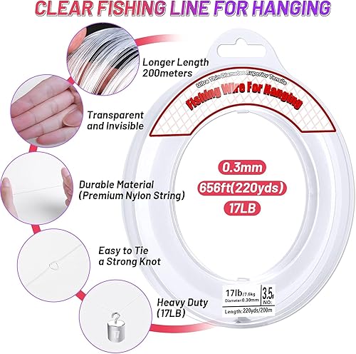 Miniatura 16 de Acejoz - Alambre de pesca transparente, línea de pesca de 656 pies, alambre transparente invisible para colgar, cuerda de nailon fuerte que soporta