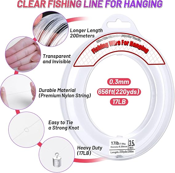 Clear Fishing Wire, Acejoz 656FT Fishing Line Clear Invisible Hanging Wire Strong Nylon String Supports 40 Pounds for Balloon Garland Hanging Decorations