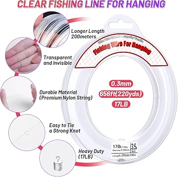 Clear Fishing Wire, Acejoz 656FT Fishing Line Clear Invisible Hanging Wire Strong Nylon String Supports 40 Pounds for Balloon Garland Hanging Decorations