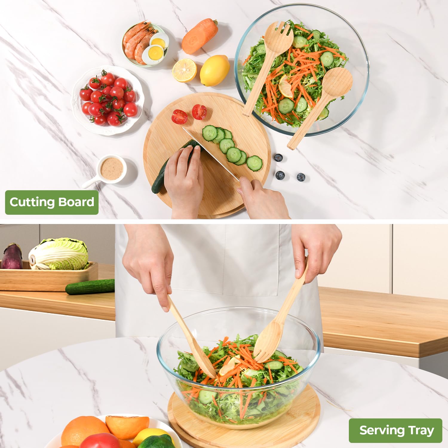 GEHE Insalatiera grande in vetro con coperchio e utensili da portata, ciotola grande da 4,1 litri con coperchio per insalata, pasta, dessert, frutta, insalata trasparente, grande ciotola da portata