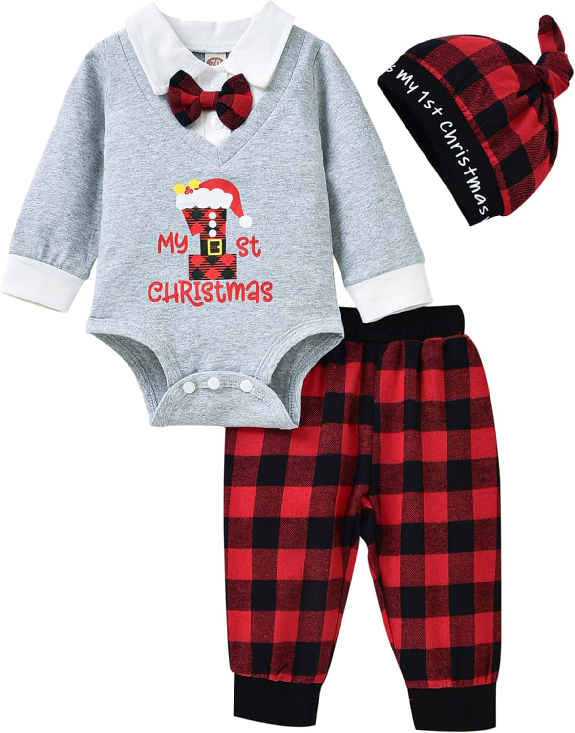 Aalizzwell Baby Boy First Christmas Outfit, Infant Gentleman Bodysuit Buffalo Plaid Pants Xmas Clothes 3 Pcs