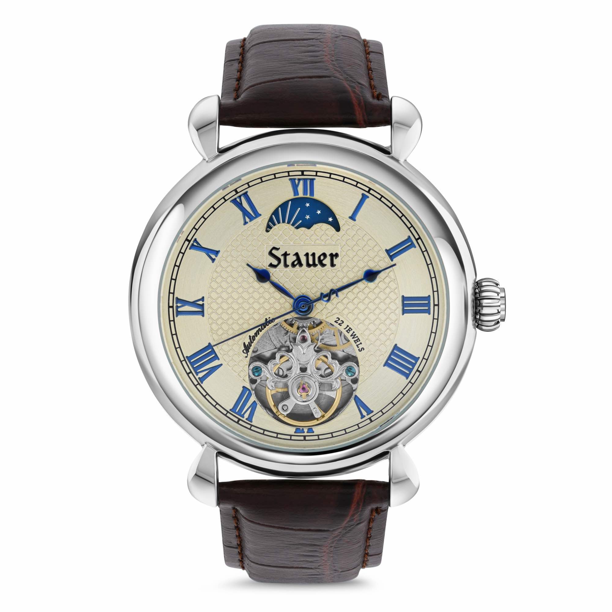Copernicus Open Heart Automatic Watch for Men – 42mm Case, Guilloché Face and Blue Roman Numeral Hands, Sun-Moon Dial and Brown Leather Strap
