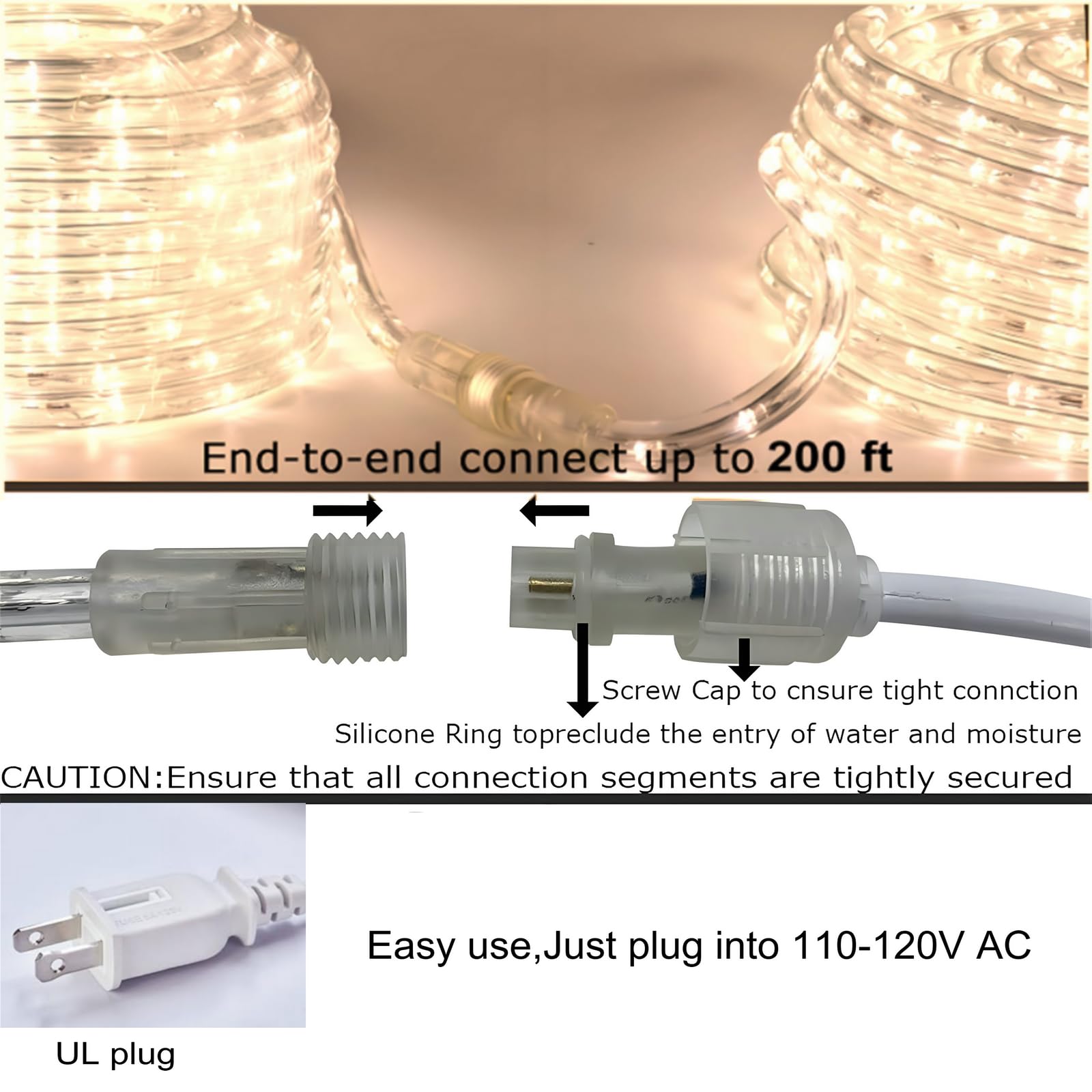 Snapklik.com : 33Ft LED Rope Light - Warm White Flexible Linkable Rope ...