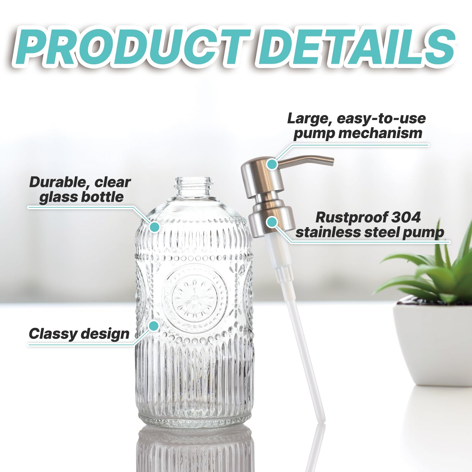 Dispenser di sapone in vetro da 500 ml, con pompa in acciaio inossidabile 304, design elegante, per cucina e bagno, ricaricabile, dispenser di sapone liquido per le mani, bottiglia per sapone