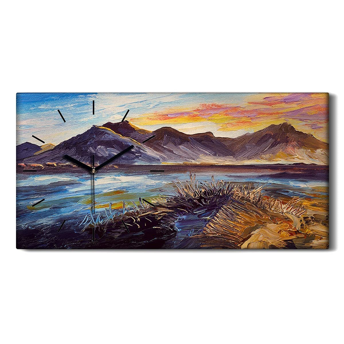 Horloge murale montagnes tableau sur toile moderne avec aiguilles noires
