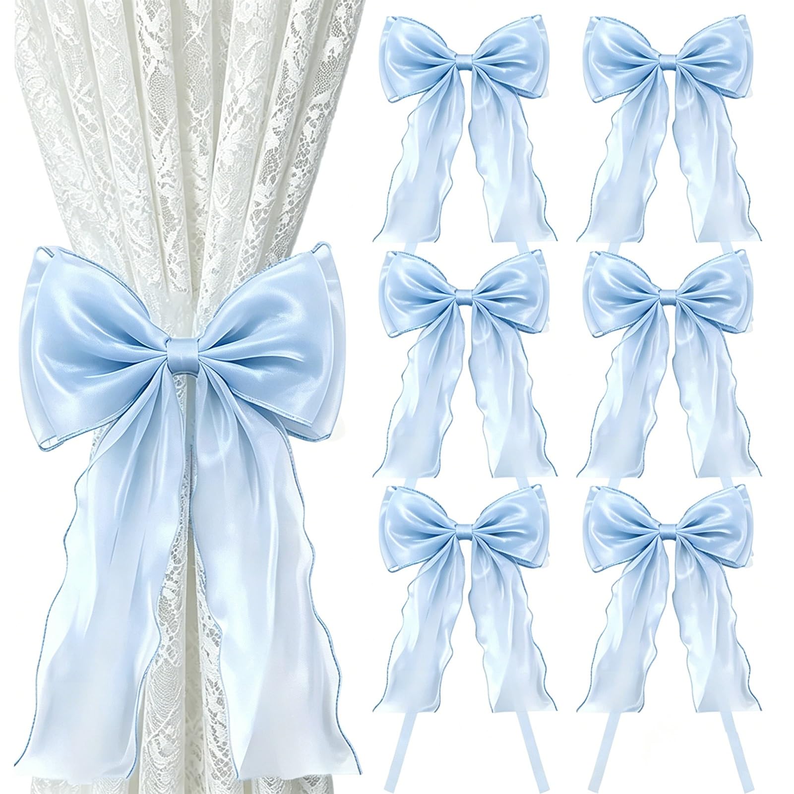 French Bow Curtain Tiebacks, Silky Ribbon Bowknot Curtain Holdbacks, for Sheer Curtains, Decorative Curtain Accessories (6 Pack)(Blue)