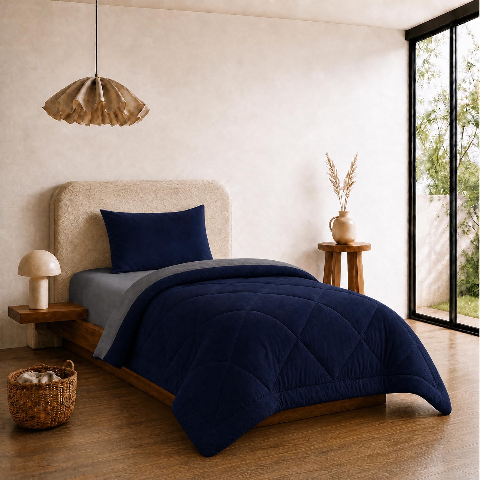 VelvetMis Coverless Duvet Single 10.5 Tog - 135x 200cm, Navy Blue And Grey Quilt, Reversible Comforter with Pillowcase