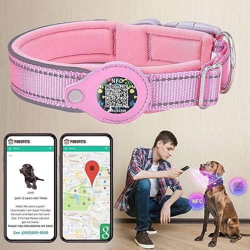 Collar de perro con código QR para identificación de mascotas inteligente reflectante impermeable ajustable con soporte de funda para Air-Tag