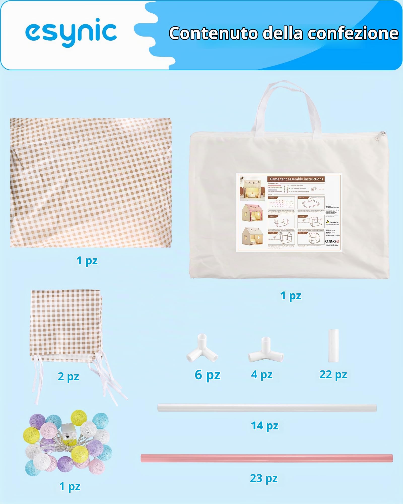 eSynic Tenda da Gioco per Bambini con Luci LED Decorative, Casetta Stanza di Attività Giochi con 2 Finestre per 2-3 Piccoli, Angolo da Lettura Studio, Facile da Montare - Beige a Quadri