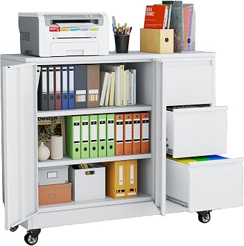 Metal File Cabinet, Lateral Filing Organization Storage White | 3 Drawer for Hanging Files Letter/A4, Rolling Office Storage with Lock Printer Stand for Home Office, Living Dining Room