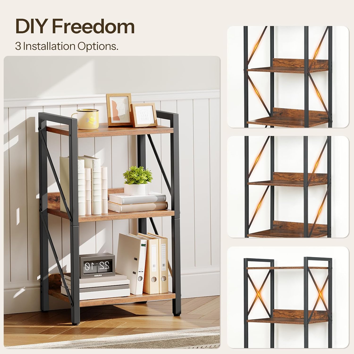 HOOBRO Bookshelf, 3-Tier Industrial Bookcase, Book Shelf Storage Organizer, Small Bookshelf with Metal Frame for Living Room, Bedroom, Home Office, Kitchen, Rustic Brown and Black BF71SJ01