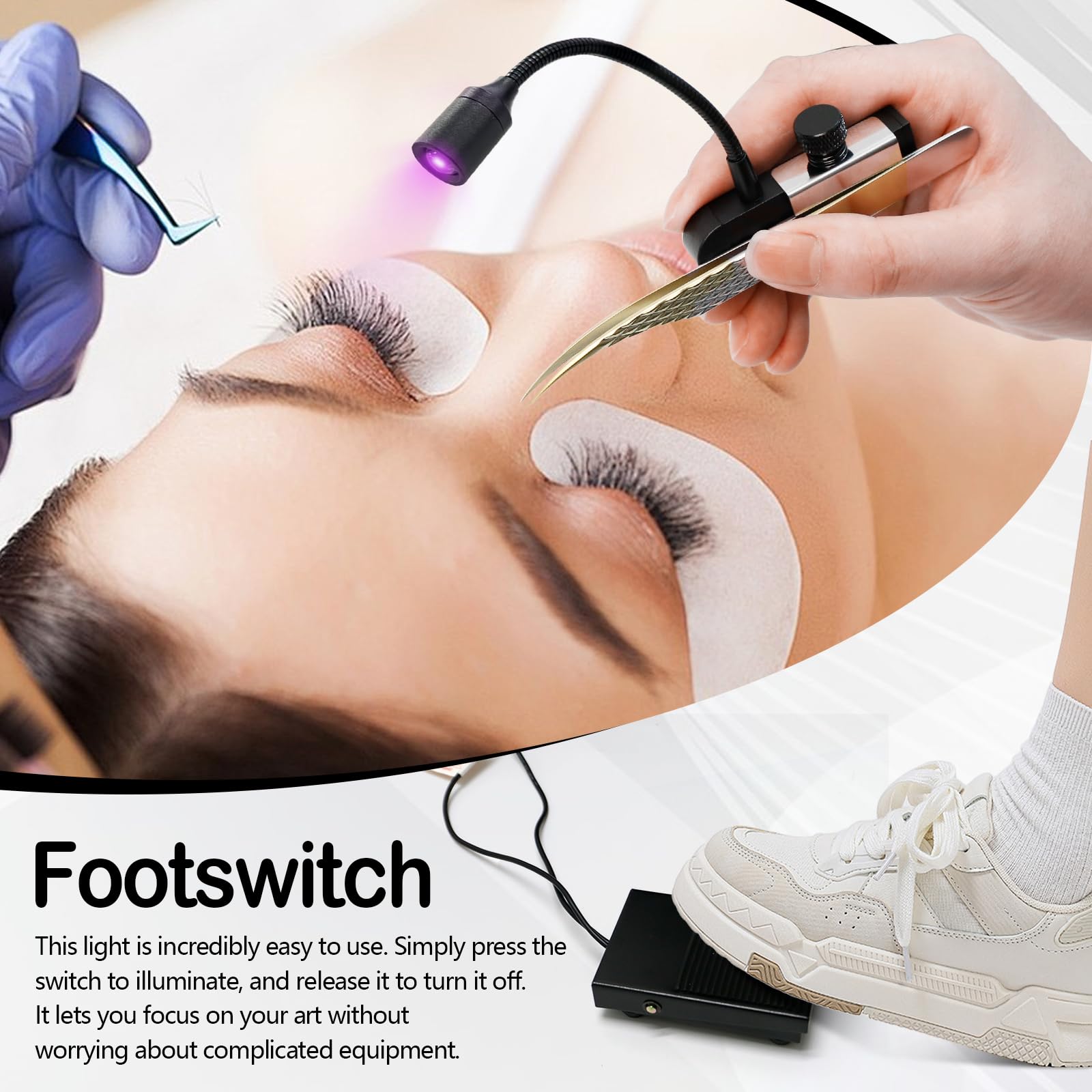 Wimpern Lampe, 1.8W Wimpernlampe UV-Licht Handheldnagelheilungslampe für Lichthärtenden Wimpernlicht für Wimpernverlängerungen mit Fußschalter Pinzetten Schwanenhals 1-3 Sekunden Ausgehärtet