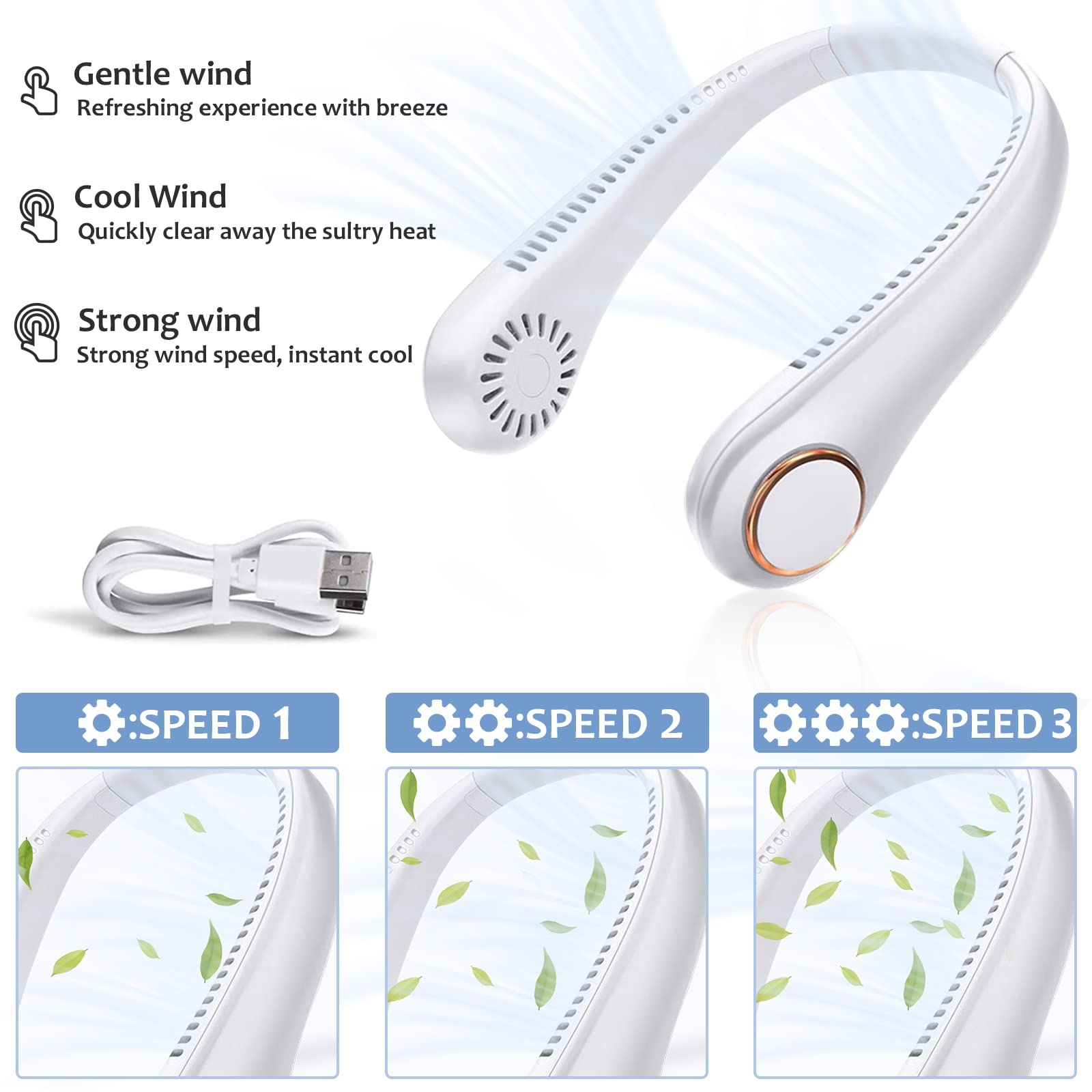 FFTANXS Ventilatore da Collo Portatile, Mini Ventilatore Portatile Ricaricabile, USB Ventilatore Collo Senza Lama, Mini Ventilatori USB con 3 velocità, per Ufficio,Casa,Aria (white)