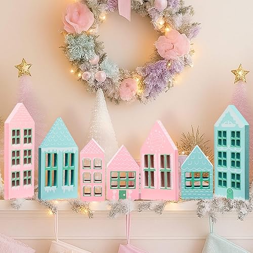 Miniatura 4 de 7 piezas de siluetas de madera de Navidad para repisa, bloque de casa de jengibre, decoración de mesa de pueblo de Navidad, adorno de estante de