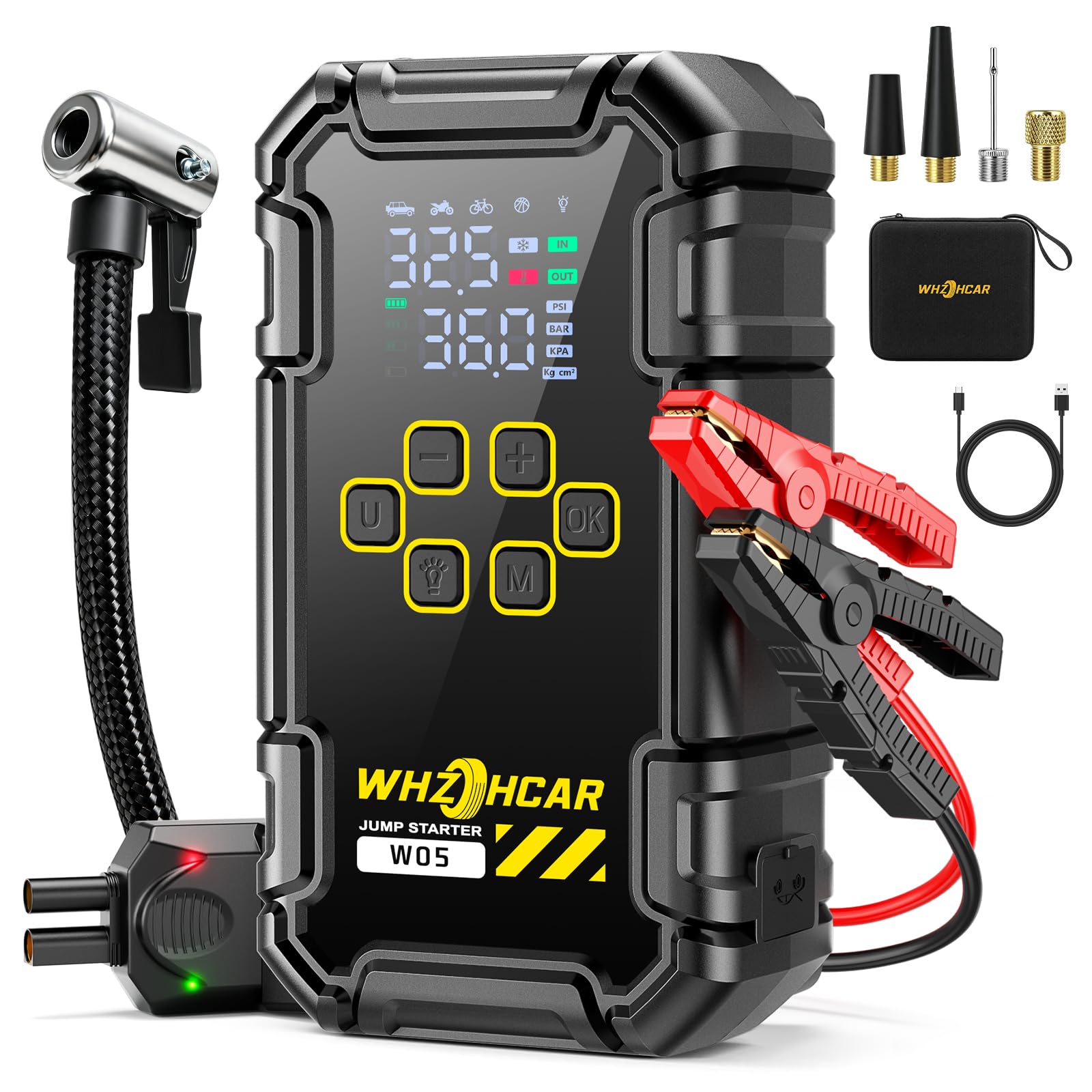 Booster Batterie Voiture 9000A avec Compresseur 160PSI, Démarreur Batterie Voiture 12V pour Tous Gaz/10L Diesel, Jump Starter avec Gonfleur Pneus, Écran LCD et 2 Lampes LED
