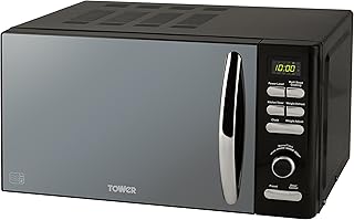 Tower T24019 Infinity Digital Solo Microwave with 6 Power Levels, 8 Auto Cook Options, 60 Minute Timer, Defrost Function, Stylish Mirrored Door, Aluminium, 800 W, 20L, Black