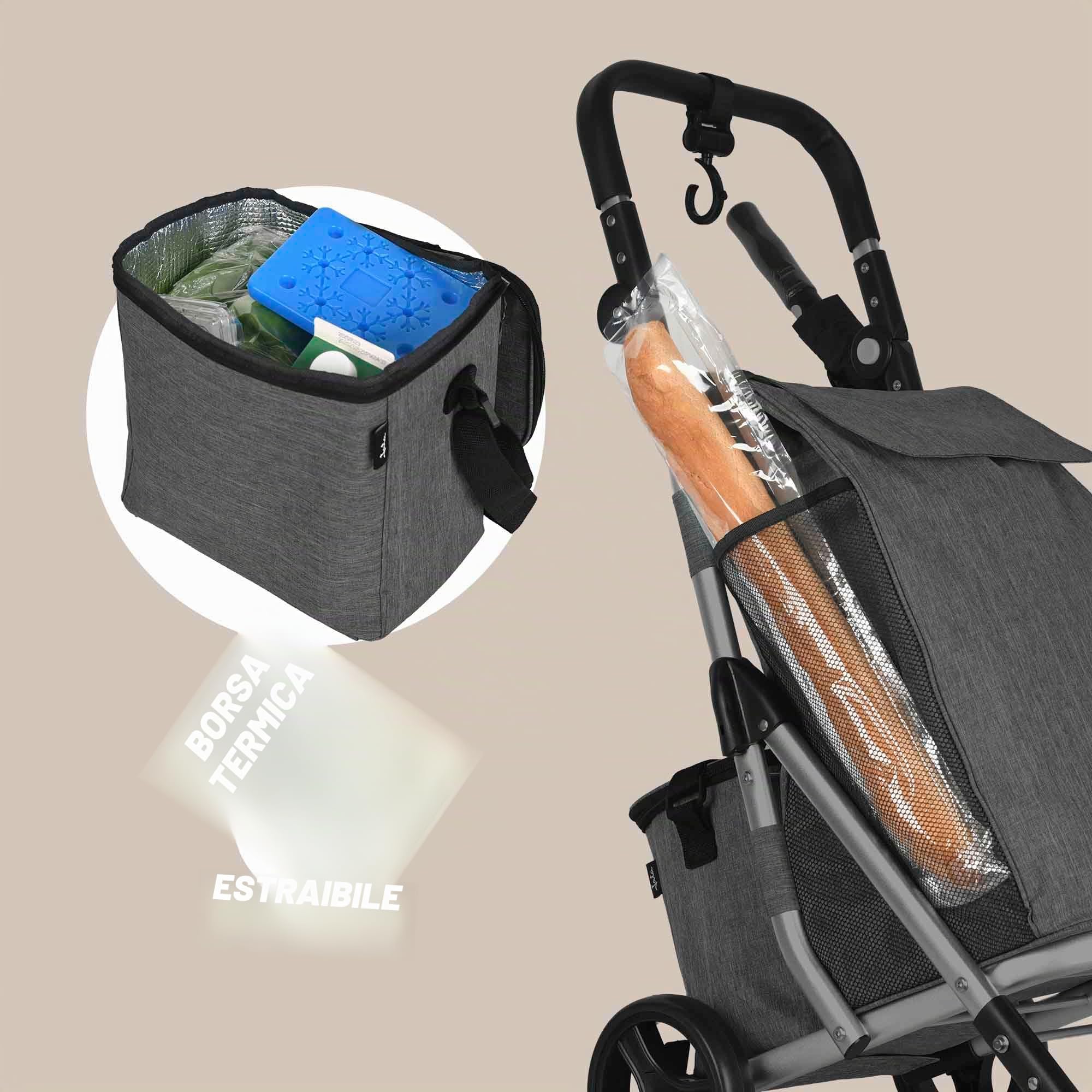 JATA HCAR2502 - Carrello della spesa 4 ruote. 40 litri con sacchetto refrigerante per congelati. 2 ruote girevoli a 360°. Carrello pieghevole. Con freno. Telaio in alluminio