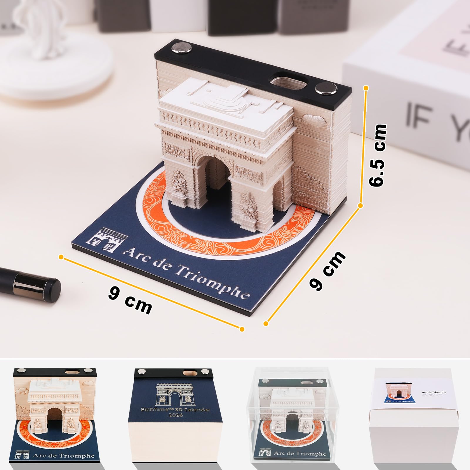 Calendario 3D 2026 - Arco di Trionfo di Parigi | Il tuo calendario artigianale personalizzato con modello di carta 3D | Decorazione per ufficio originale & Incantevole decorazione invernale