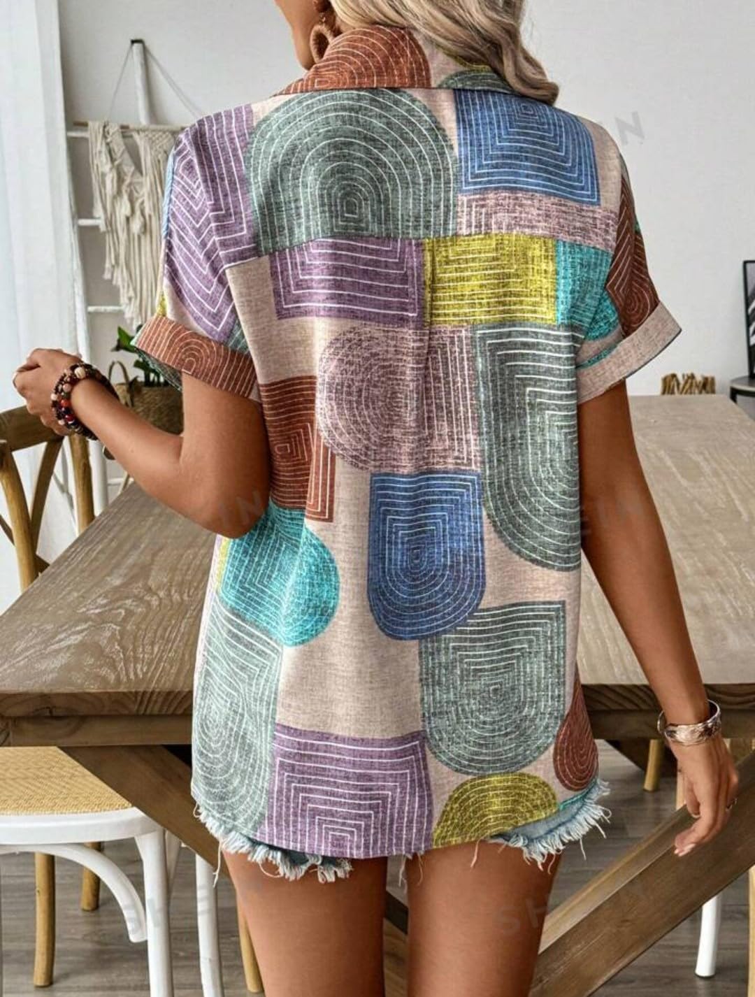 Gufrina Women's Colorful Abstract Geometric Print Shirt, Half Sleeve, Collar Neck, Casual Button-Up Top, Rayon Fabric (Beige XXL) 3