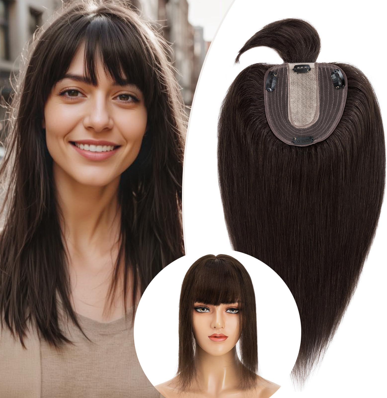 Rich Choices Hair Toppers for Women Real Human Hair Human Hair Toppers for Women With Bang 100% Remy Human Hair Topper for Thinning Hair Clip in Silk Base Hair Topper 12 Inch #2 Dark Brown