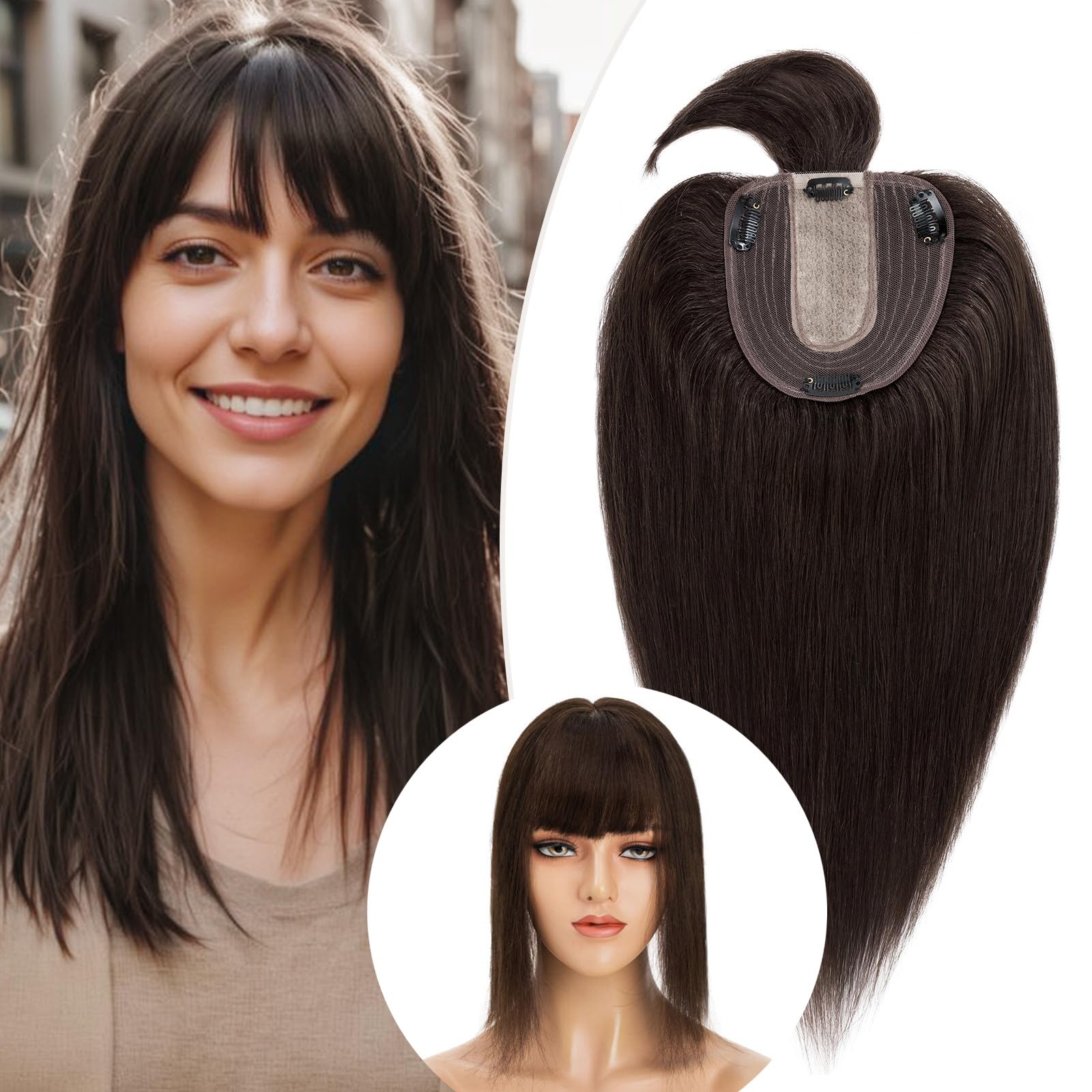 Rich Choices Hair Toppers for Women Real Human Hair Human Hair Toppers for Women With Bang 100% Remy Human Hair Topper for Thinning Hair Clip in Silk Base Hair Topper 12 Inch #2 Dark Brown