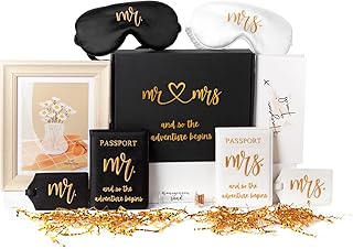 Mr and Mrs Honeymoon Travel Gift Set, Includes Embroidered Passport Covers, Luggage Tags, Eye Masks, Honeymoon Sand Keepsake Jar, Picture Frame, Honeymoon Funds Envelope (Classic)