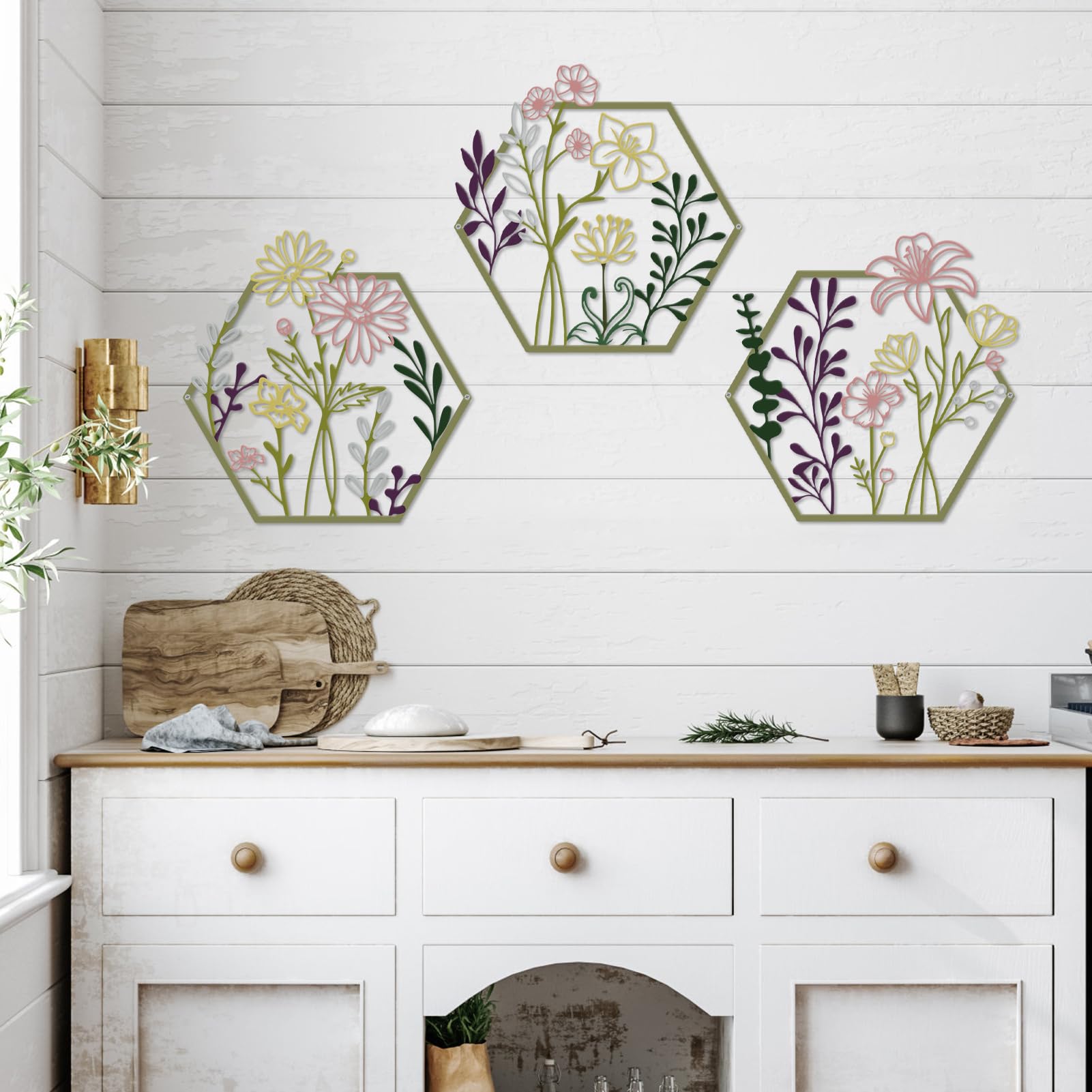 ESTART 3 Pcs Metal Flower Wall Decor, Minimalist Floral Wall Hanging Art - Image 3