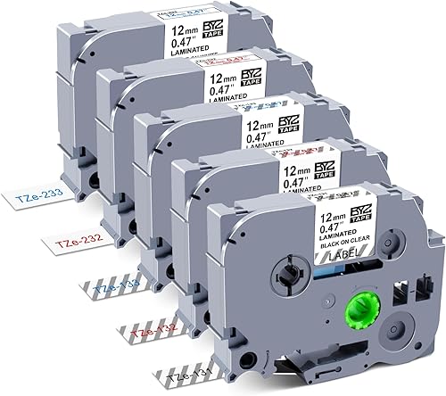 Paquete de 5 cintas de color laminadas de 0.019 in, compatibles con Brother P Touch TZe-131, 132, 133, 232, 233, 0.47 (negroRdazul sobre