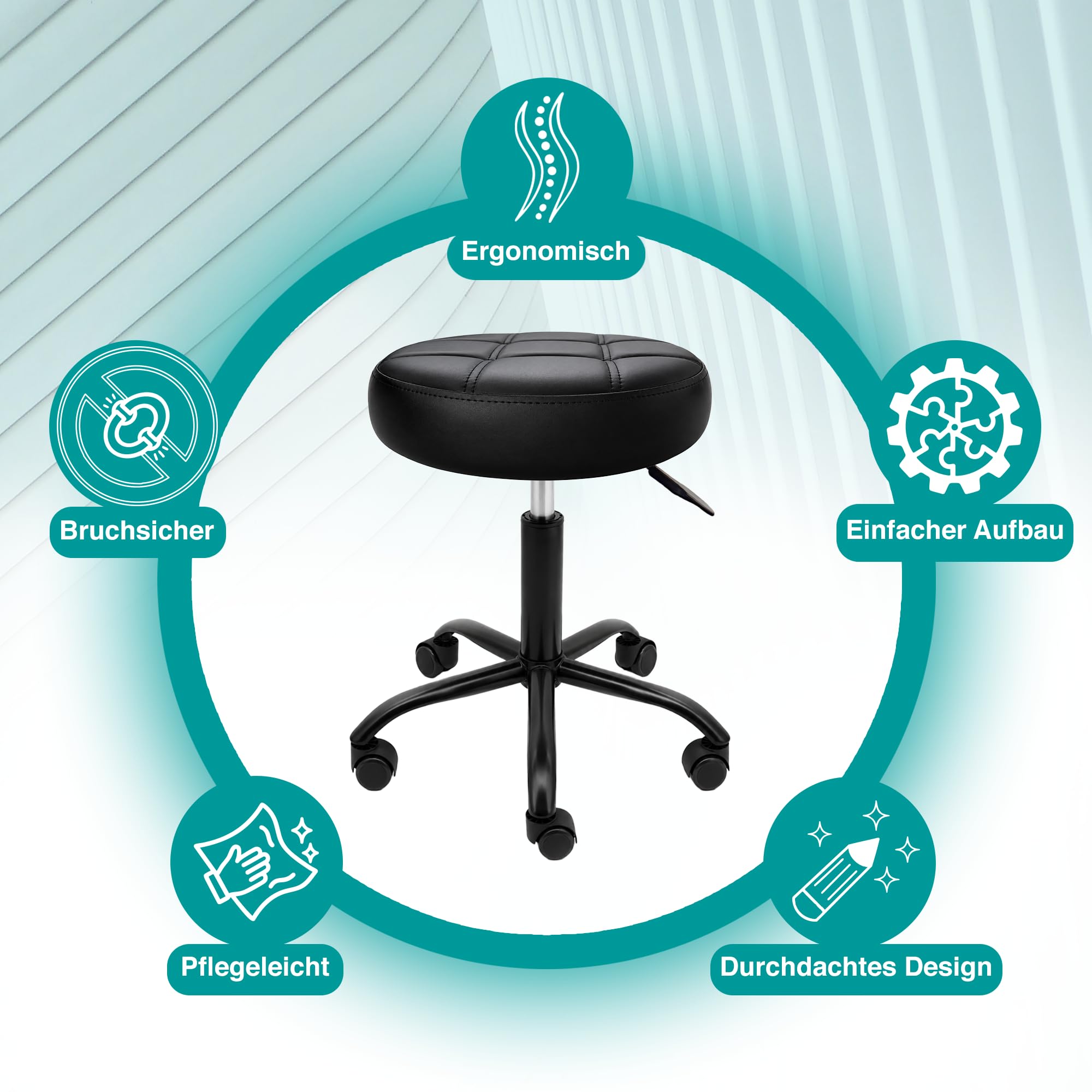 Rollhocker mit Metall-Basis und leisen Softrollen [TESTSIEGER] | höhenverstellbar, 360° drehbar, kratzfrei und stabil – ergonomischer Hocker mit Rollen | Arbeitshocker | Bürohocker [Schwarz]