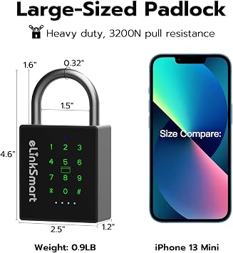 eLinkSmart Heavy Duty Smart Padlock with Key, Pad Lock with Code Keypad, Weatherproof Bluetooth RFID Keyless Electronic Digital Combination Lock for Gate Outdoor Fence Storage Unit Locker Shed Pool
