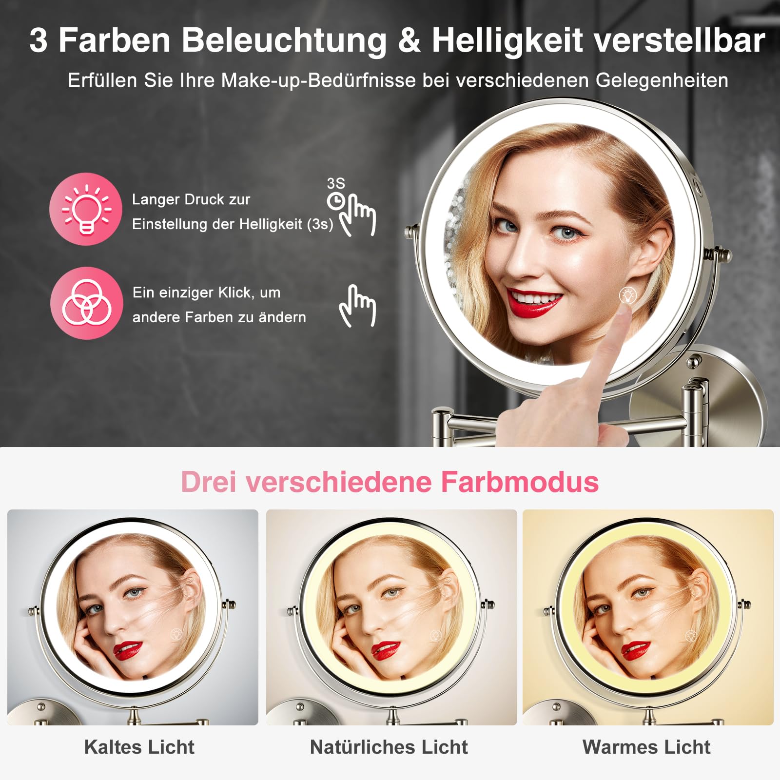 Vergrößerungsspiegel mit Beleuchtung – Wandmontierter Schmink- & Kosmetikspiegel, zweiseitig 1X/20X, helle LED-Beleuchtung, platzsparendes Design für Badezimmer & Schminktisch gebürstetes Nickel