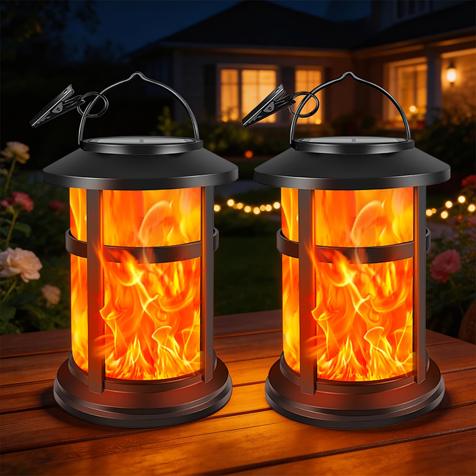 SCNNC Flickering Flame Solar Lantern Outdoor Garden Hanging Waterproof, 2 Modes Warm White Hanging Solar Lights Outdoor Garden Ornaments for Decoration Pathway Yard Patio Gift, Pack of 2