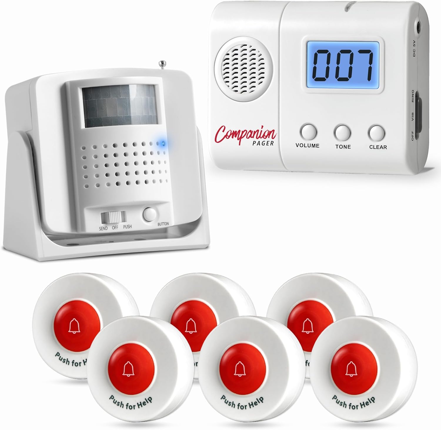 Caregiver LCD Pager with Review Feature, 6 Call Buttons and 1 Motion Sensor for Elderly at Home Seniors Adults Patients (Motion sesnor Must BE PAIRED to Pager to Function)