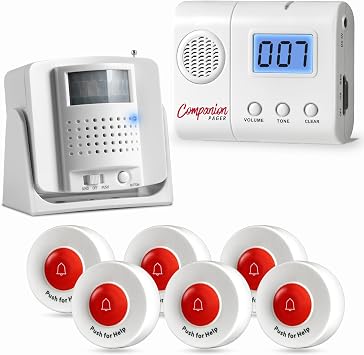 Caregiver LCD Pager with Review Feature, 6 Call Buttons and 1 Motion Sensor for Elderly at Home Seniors Adults Patients Motion sesnor Must BE PAIRED to Pager to Function