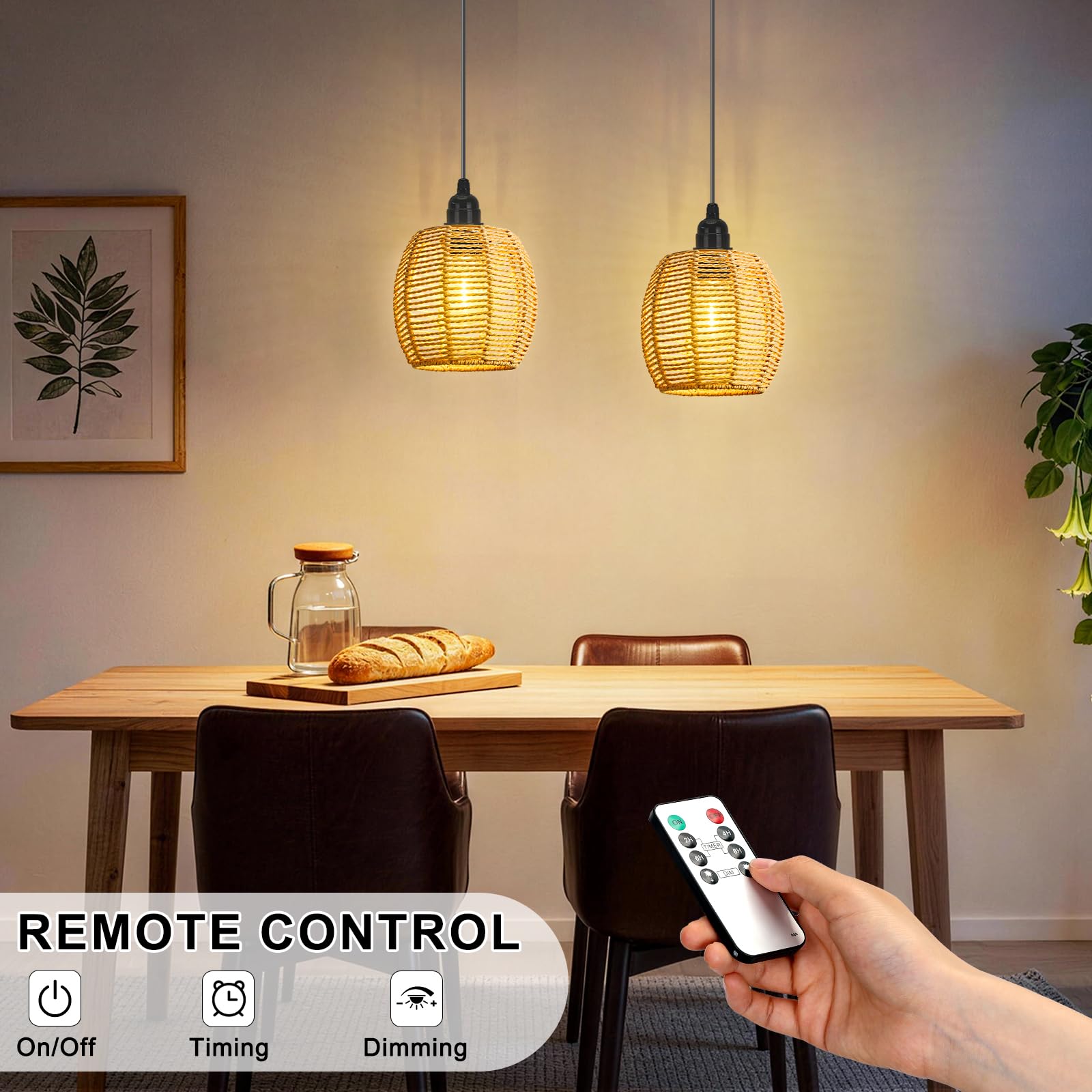 2 Lámparas Colgantes con Batería, Lámpara Exterior Techo Ratan IP65, Lampara Colgante Pilas con Mando y Bombilla Dimmable, Lámpara Colgante sin Cables para Terraza Jardín Salón Comedor