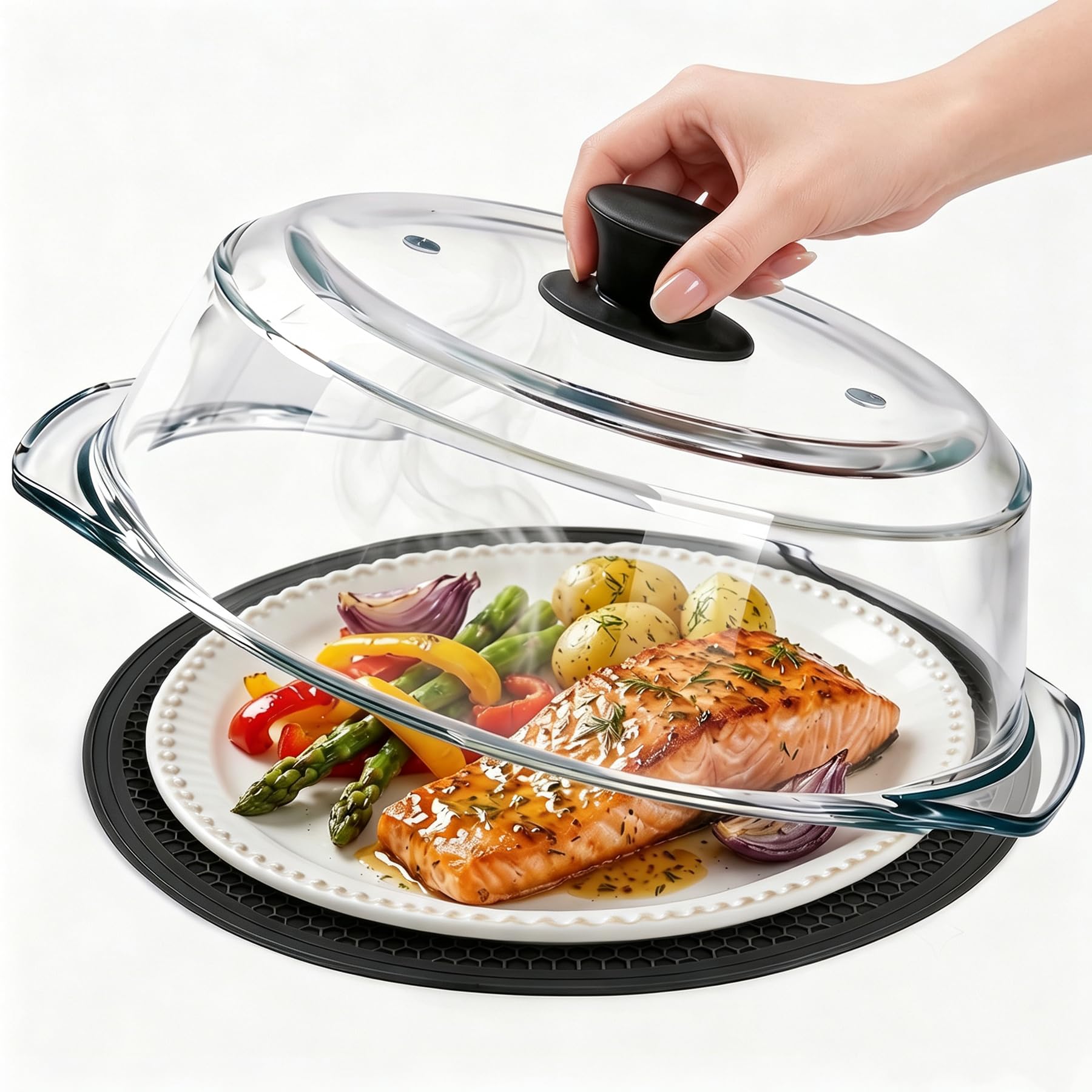 Vitrignis Glass Microwave Splatter Cover For Food With Microwave Place Mat - 100% Food Safe Bpa Free Easy Grip Silicone Handle - Borosilicate Glass With Vent Hole,No Plastic,9.5in(Black)