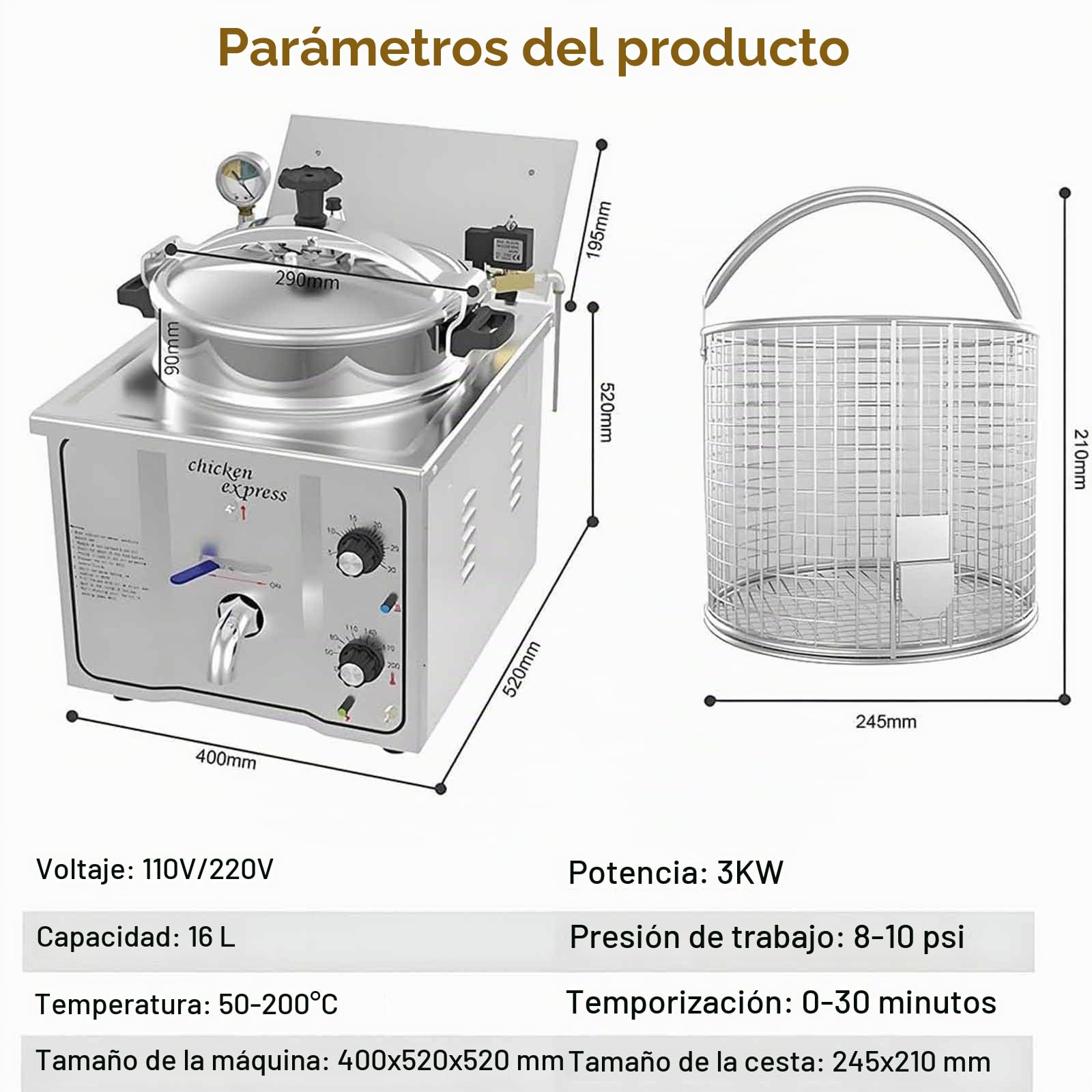 Freidora a Presión Eléctrica de Encimera 16L, Freidora a Alta Presión en Acero Inoxidable, Máquina Comercial con Temporizador para Pollo Frito, Snack Bars y Restaurantes (3000W)