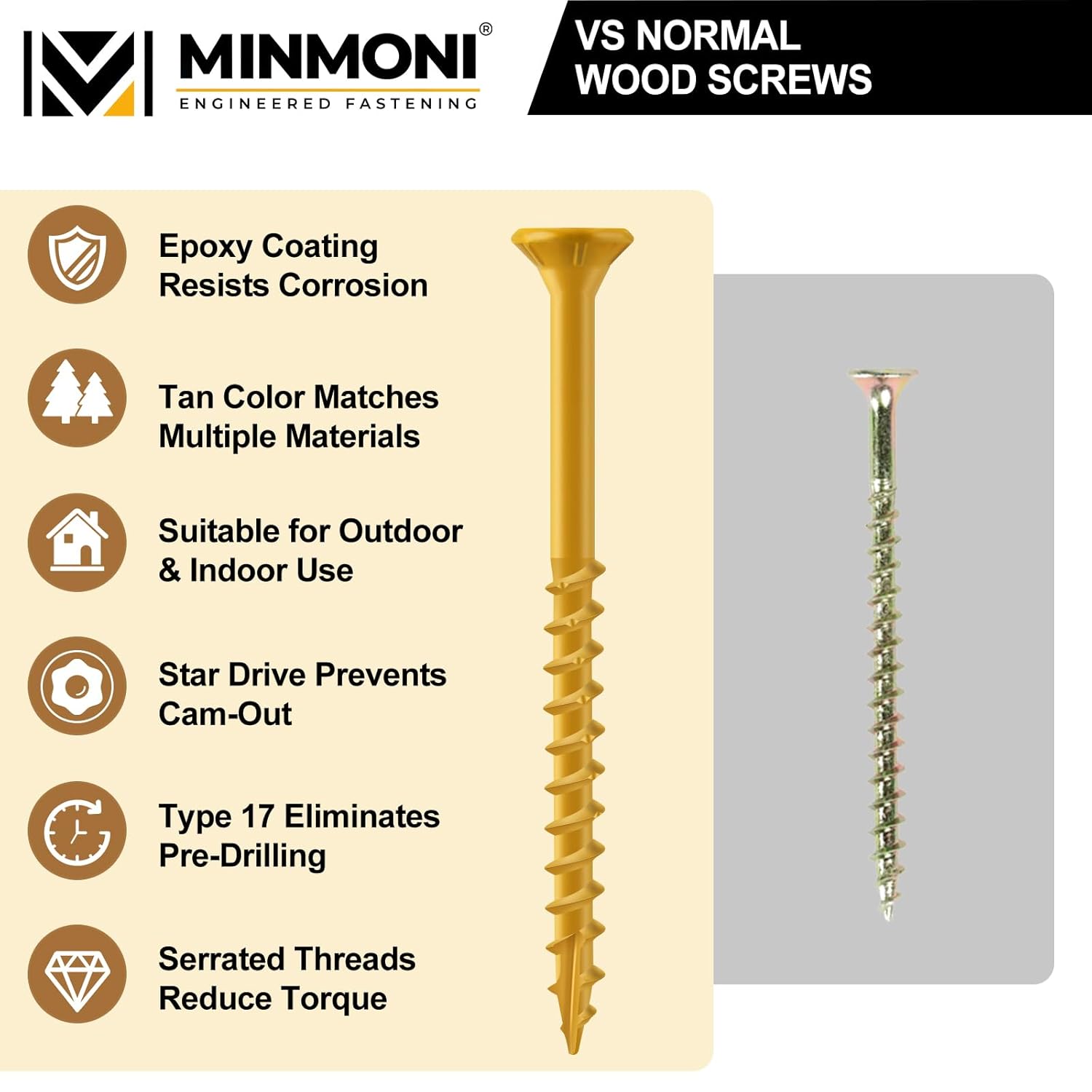 #10 x 2-1/2" Wood Screws (5 lb Box), Trox Flat-Head Exterior Deck Screws 360pcs, Multiple Size Available, Tan, T25 Star Bit Included