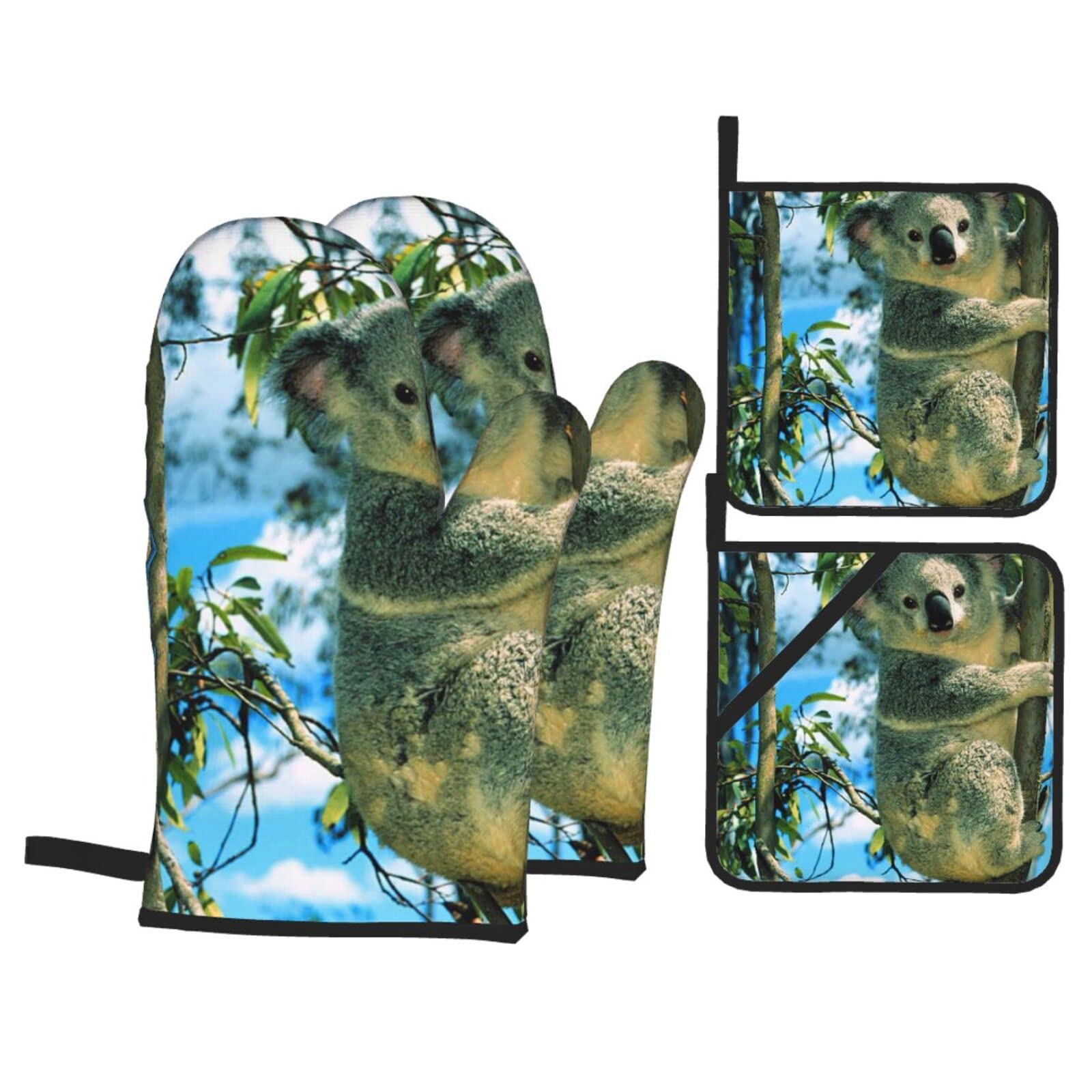 Bear Koala Print Kitchen Baking Four Piece Set of Heat Resistant Thick Cotton Oven Mitts for Cooking, Baking and Grilling