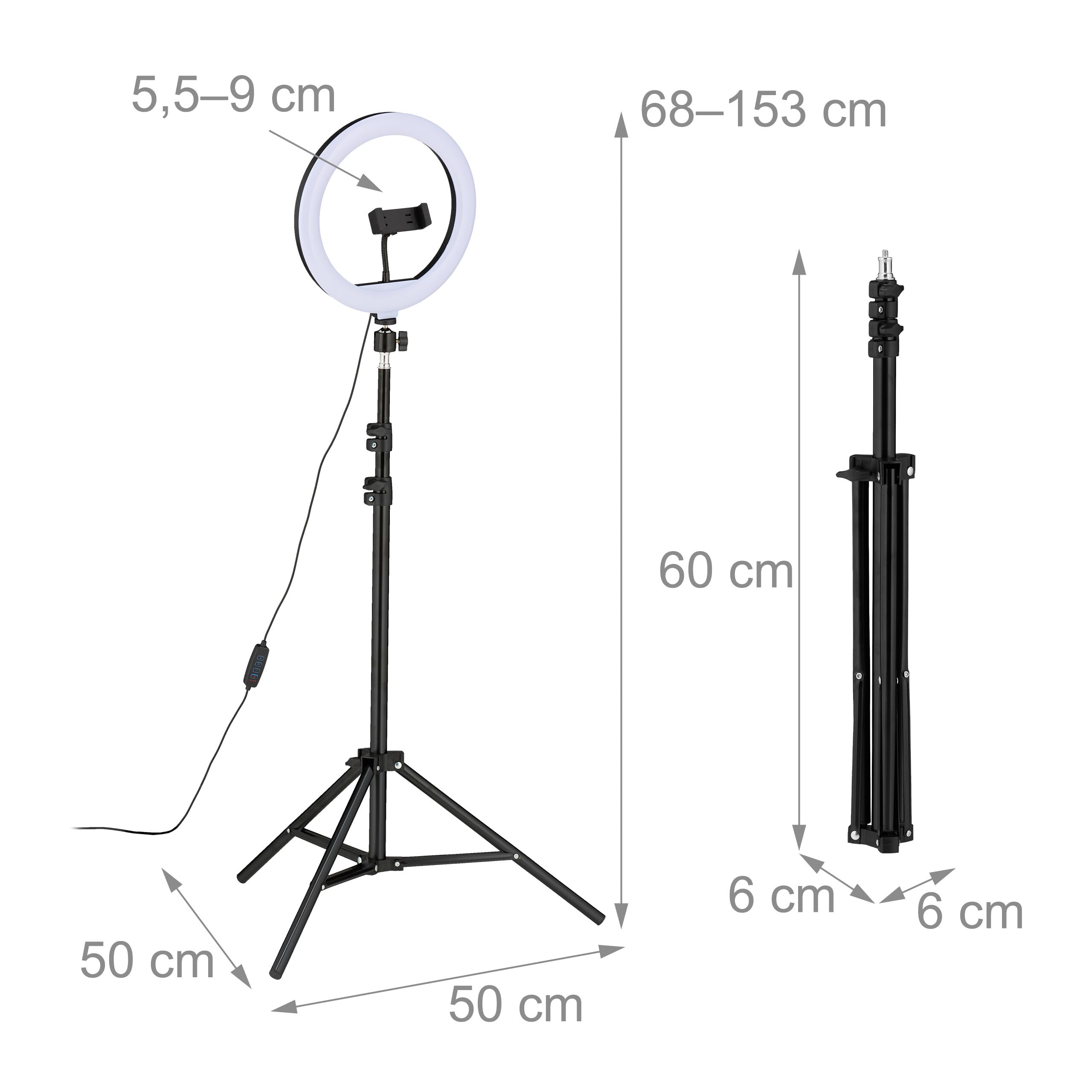 Relaxdays lampa pierścieniowa ze statywem 10 cali, ściemniana, do makijażu, fotografii, wideo, oświetlenie pierścieniowe, telefon, kolor biały/czarny