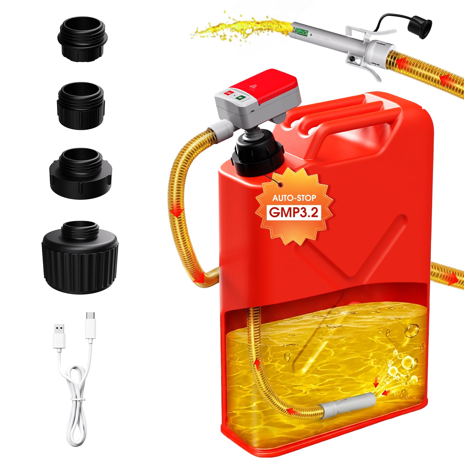 kraftstoffpumpe mit Auto-Stopp-Sensor, 12L/min Benzinpumpe Elektrische, Benzinpumpe mit 4 Größen-Adapter, Dieselpumpe für Benzin Diesel Kerosin, USB oder 4 AA-Batter Betrieb(Nicht Enthalten)