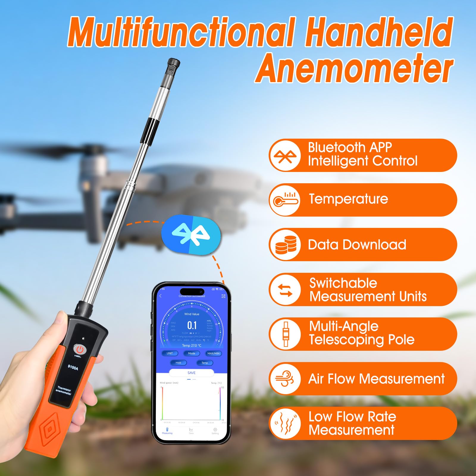 Hotwire - Anemómetro con Bluetooth, medidor digital de velocidad del viento