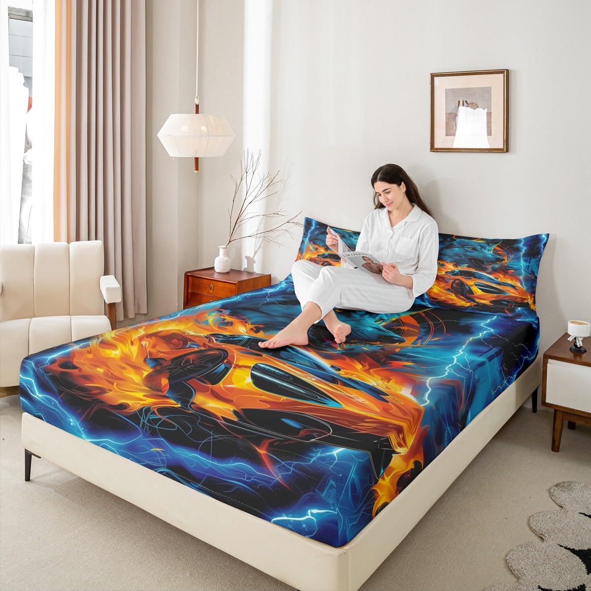 Racing Car Fitted Sheet Full Size 3D Safari Animal Wolf Bedding Set 3Pcs(No Flat Sheet) Lightning Burning Flame Bed Sheet for Boys Teens Room Decor Cool Sports Car Deep Pocket Sheet