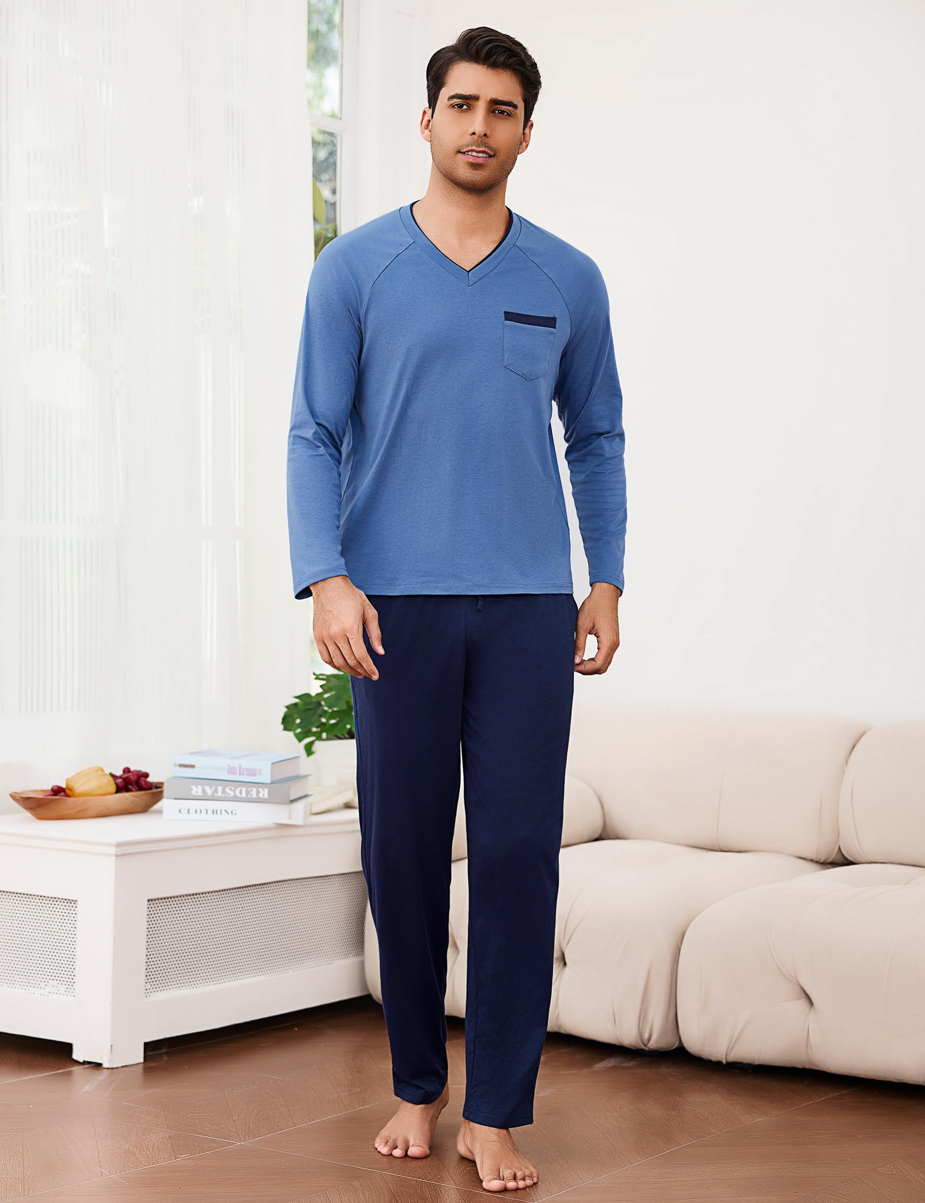 Bresdk Pijama Hombre Invierno Algodón Largo con Bolsillos Conjunto de Pijamas Hombre Manga Larga V-Cuello Suave y Transpirable S-3XL