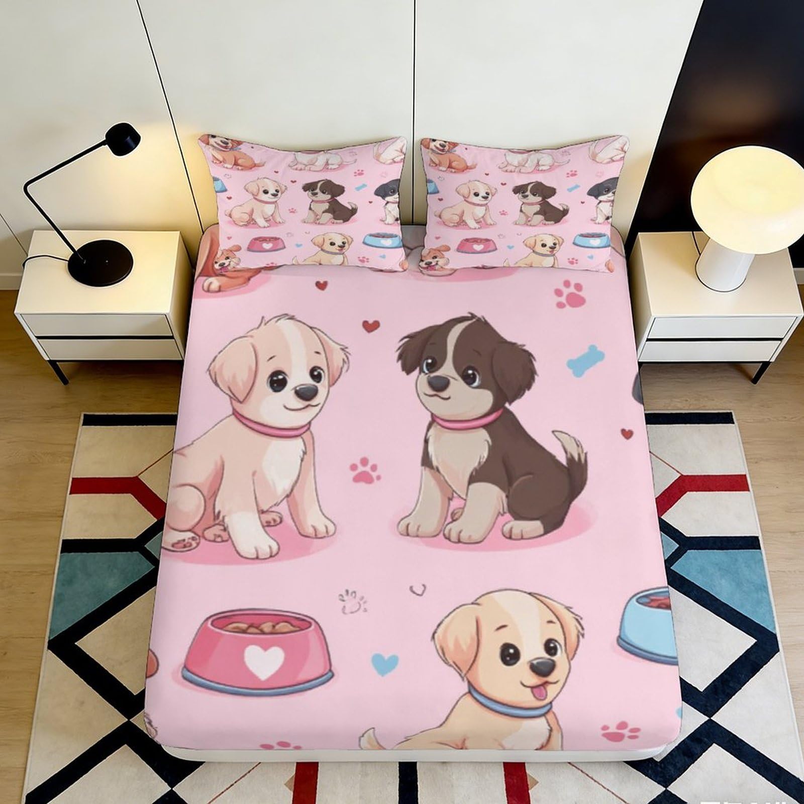 Pnayamiorkfel Style-3 3D Printed Cute Puppy Fitted Sheet Microfiber Pink Cartoon Dog Bed Cover For Bedroom Guest Room Mattress Protection Decor 90X200x25cm