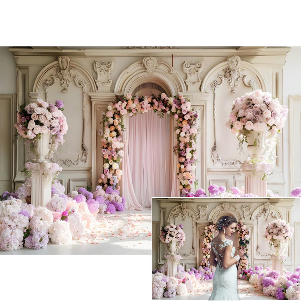 YongFoto Hochzeits-Hintergrund, Blumenbogen-Tür, europäischer Stil, Fotografie-Hintergrund, Herr Frau Ehe, Verlobung, Brautparty, Hochzeitszeremonie, Empfang, Party, Dekoration, Banner, Portrait,