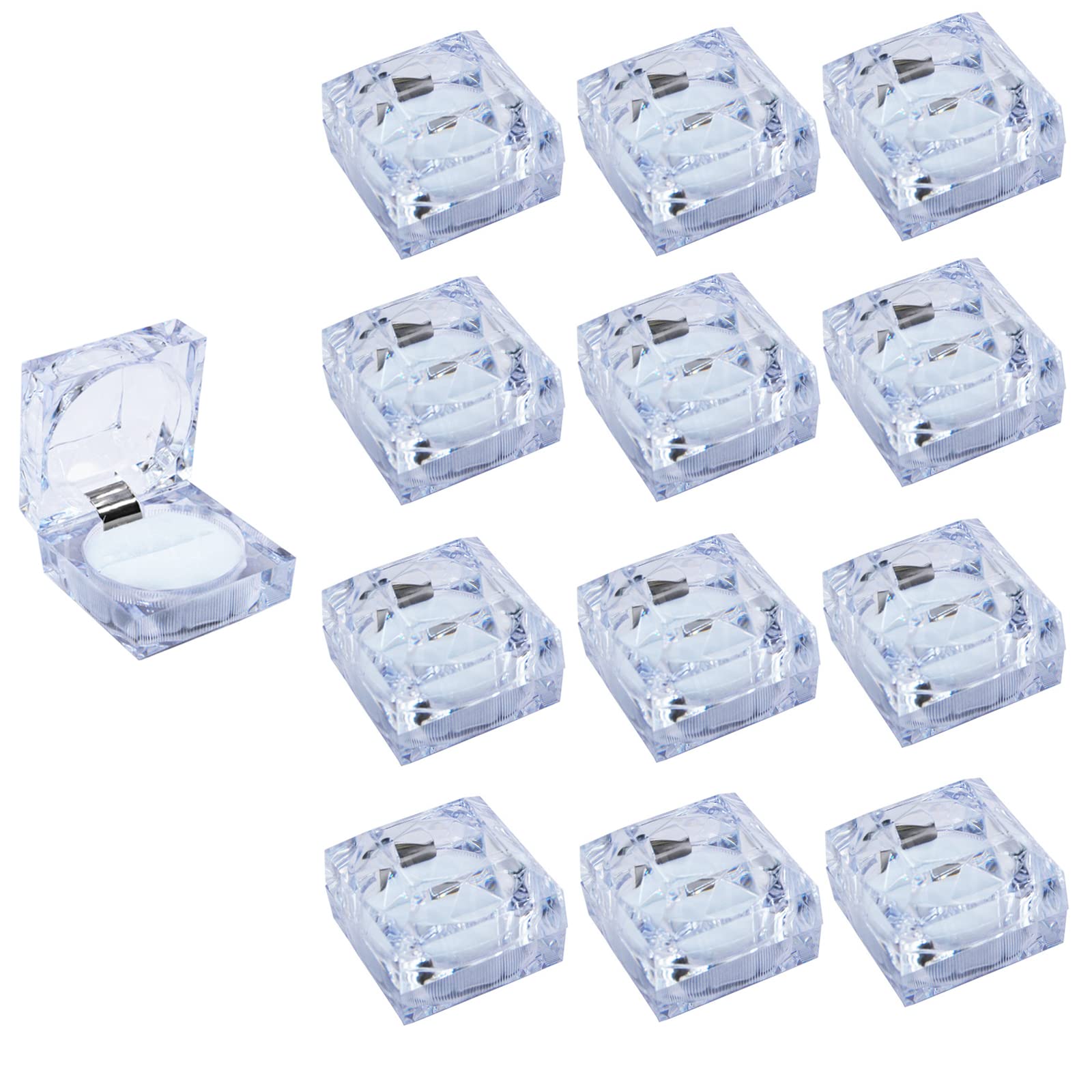 ELEpure12 pcs Clear Crystal Ring Gift Boxes Earrings Jewelry Storage Box Acrylic Display Organizer Case for All Kinds of Ring Earrings Velvet Insert White