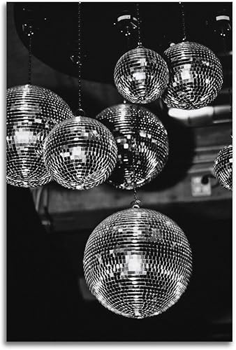 Póster de bola de discoteca de los años 70 con luces decorativas de barra vintage en blanco y negro, póster de pintura decorativa, lienzo, pósteres